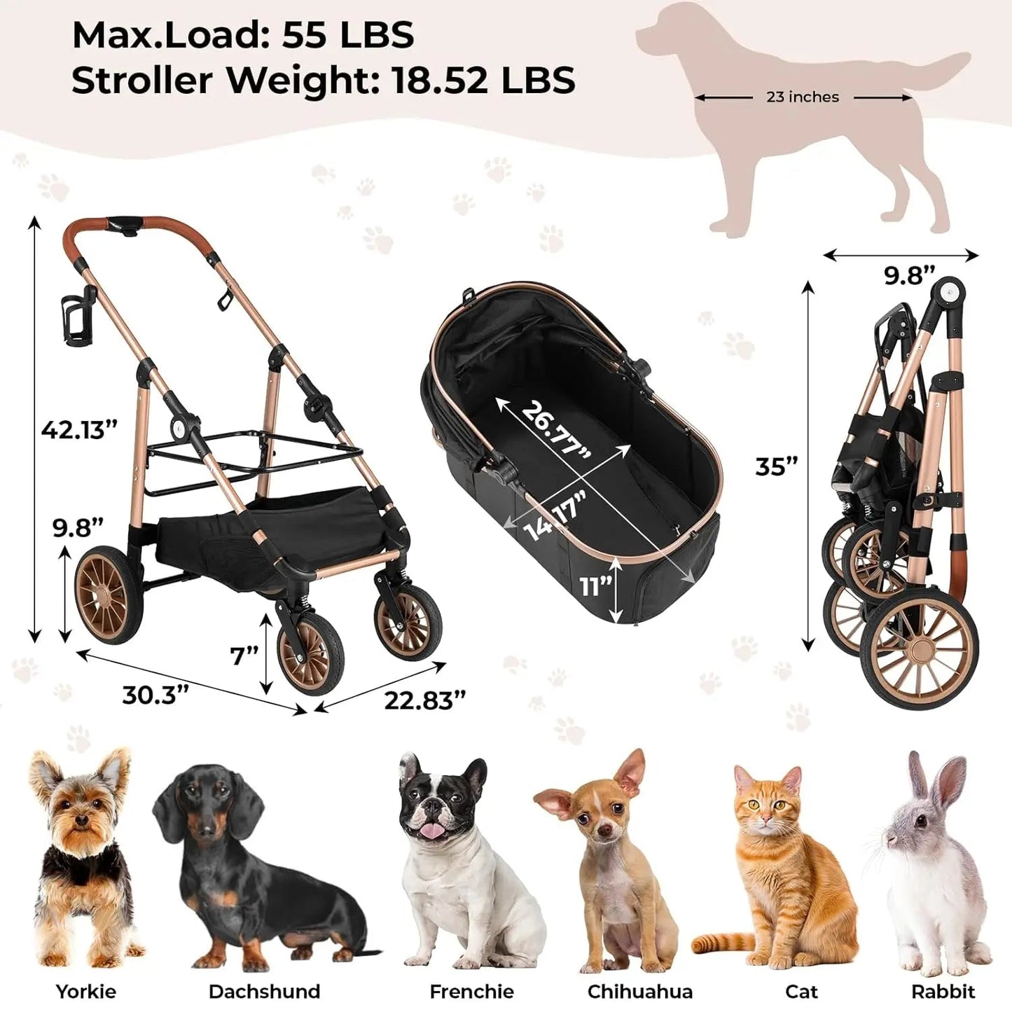 All-Terrain 3-in-1 Pet Stroller for Medium Dogs & Cats Up to 55 lbs, Detachable Carrier, Easy Fold Happy Tails Pet Shop Store