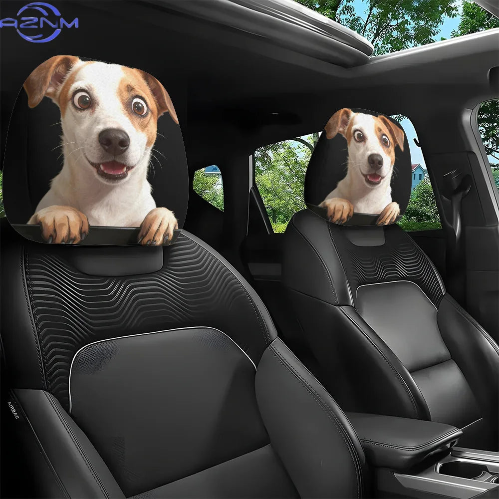 2pcs Funny Cute Dog Pattern Car Headrest Covers, Car Interior Decoration, Easy to Install and Washable, Suitable for Long-Dist