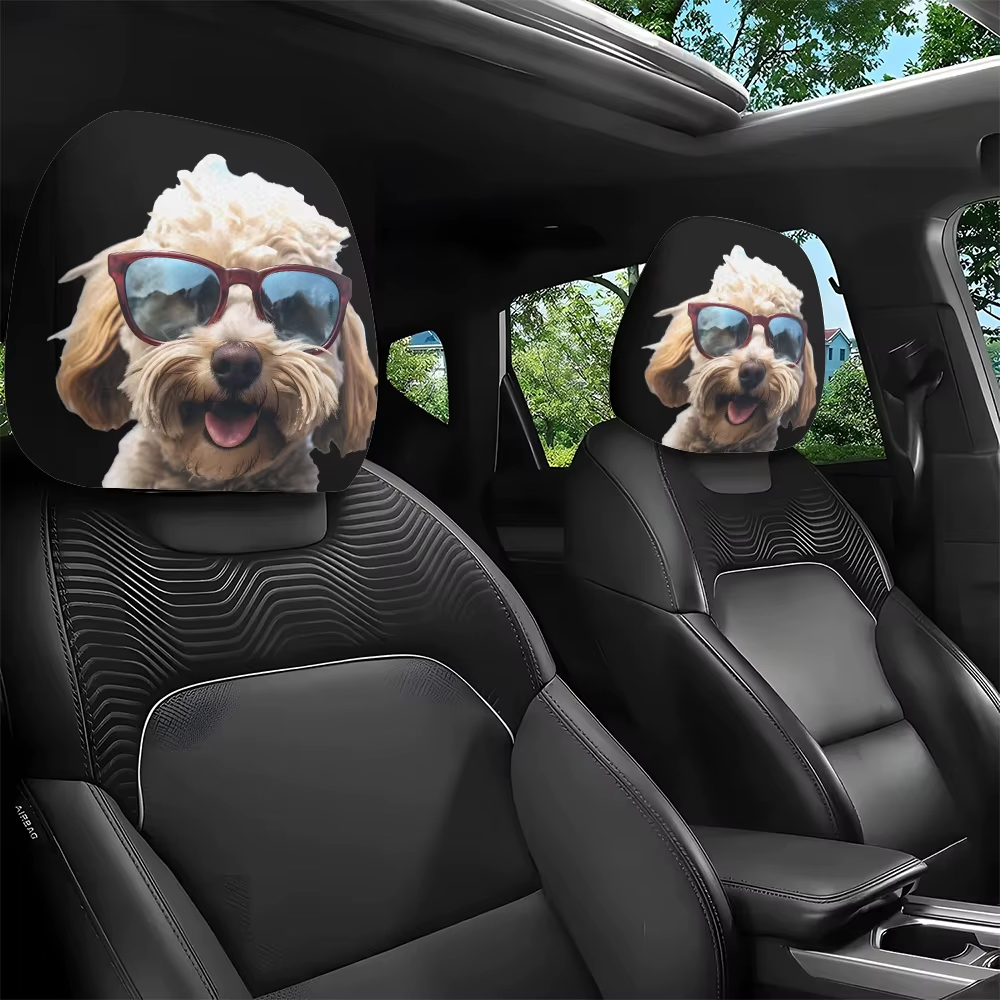 2pcs Cool Fashion Glasses Cute Pet Dog Print Car Headrest Covers, Car Interior Decoration, Elastic Design, No Filling Material,