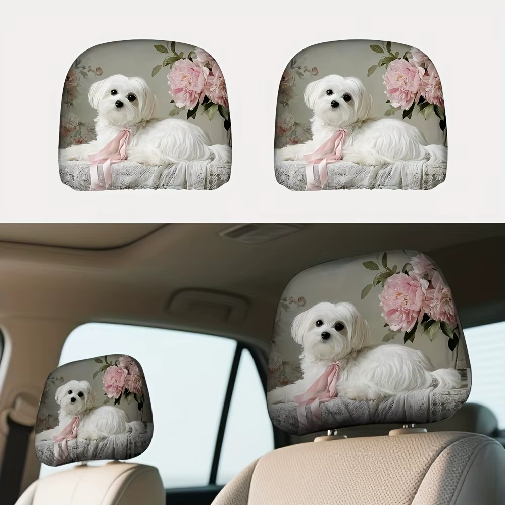 2pcs 2D Flat Printing Car Headrest Covers: Classic, Stylish, Simple Maltese Dog with Pink Bow Flowers; Adjustable and Reusable