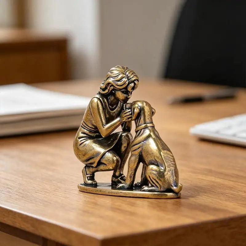 Brass Girl and Dog Statue Small Creative Retro Ornament Solid Brass Decor for Home Office Desk Shelf Display Happy Tails Pet Shop