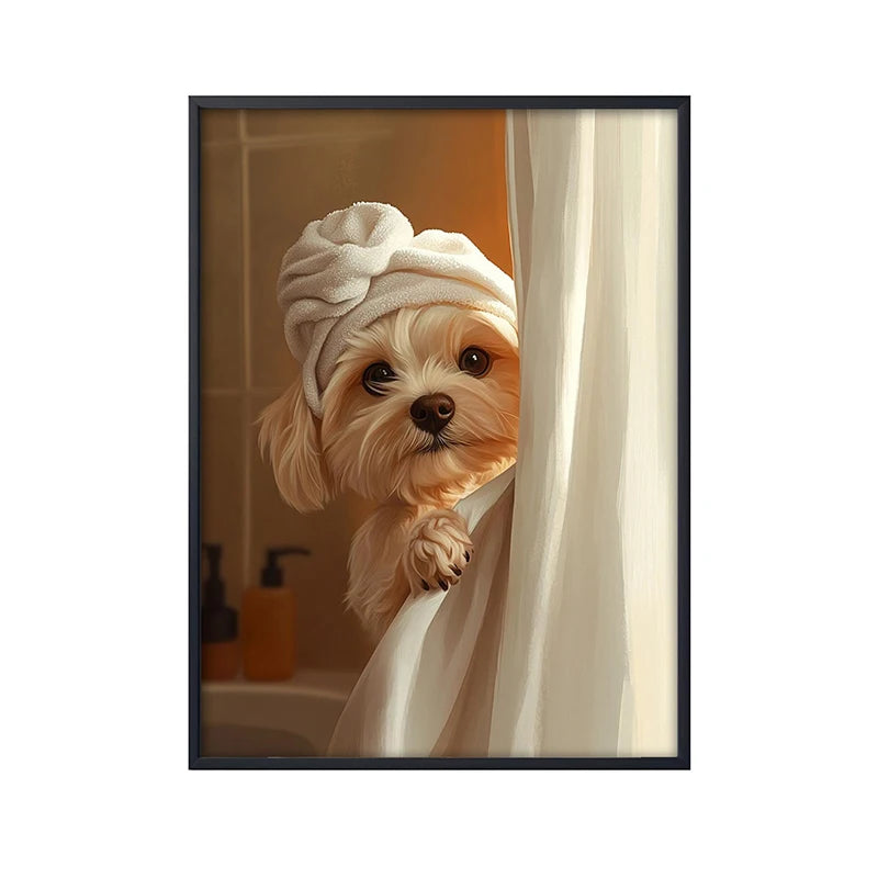 Cute Shower Dog Bathroom Decor Poster Dog in Bathtub Print Animal Murals Canvas Painting for Home Decor Dog Lover Gifts