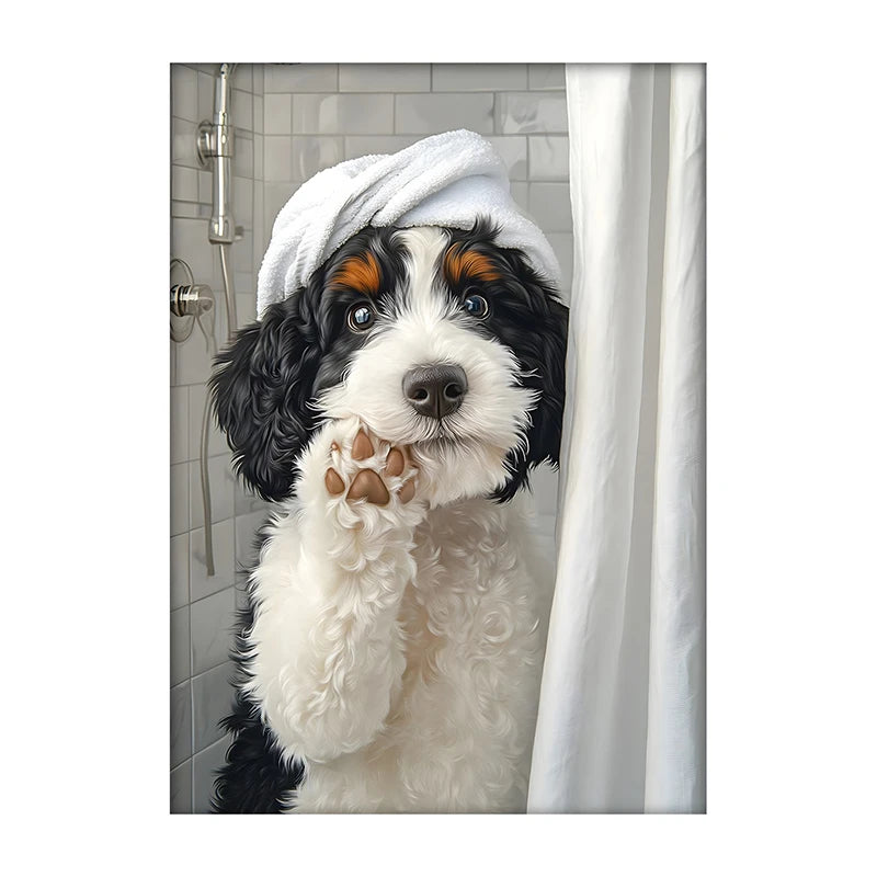 Cute Shower Dog Bathroom Decor Poster Dog in Bathtub Print Animal Murals Canvas Painting for Home Decor Dog Lover Gifts