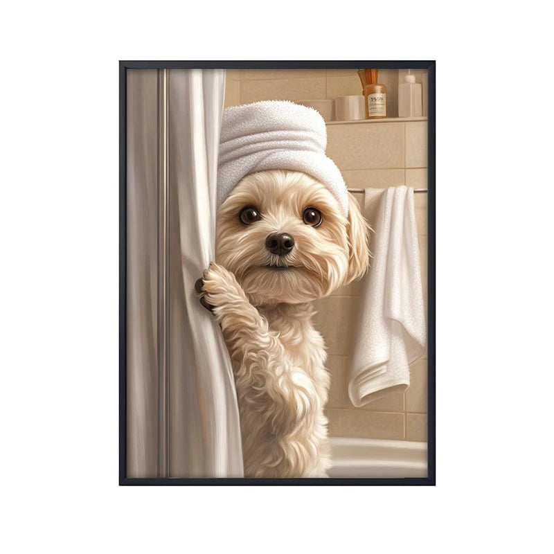 Cute Shower Dog Bathroom Decor Poster Dog in Bathtub Print Animal Murals Canvas Painting for Home Decor Dog Lover Gifts