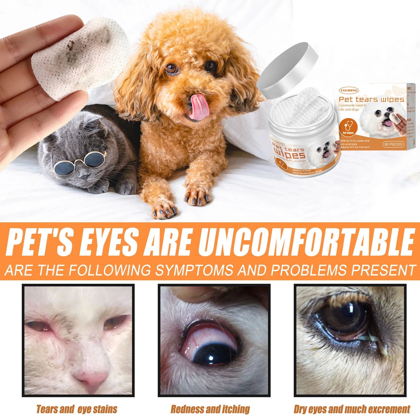 Cat Eye Wet Wipes Tear Stain Gentle Cleaning Eye Dirt Odor Removal Itching Irritation Relief Eye Grooming Pet Portable Wet Towel Happy Tails Pet Shop Store