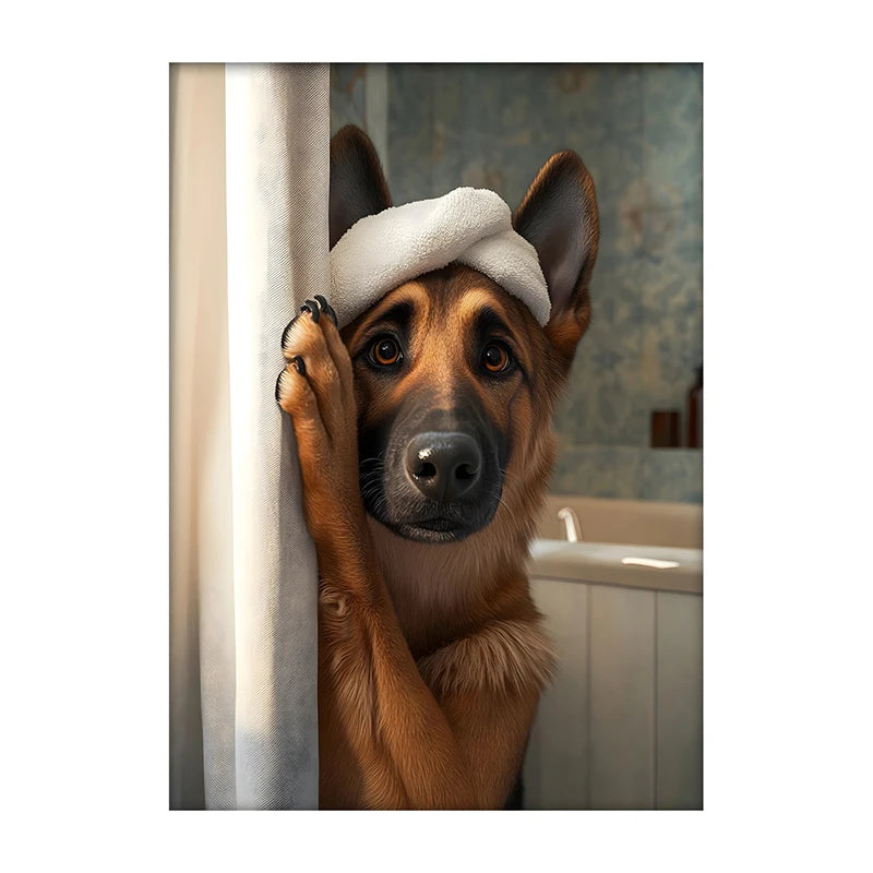 Cute Shower Dog Bathroom Decor Poster Dog in Bathtub Print Animal Murals Canvas Painting for Home Decor Dog Lover Gifts
