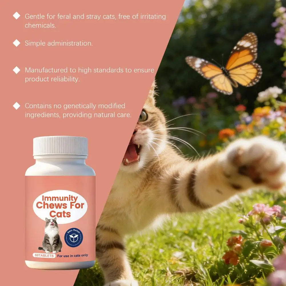 60 Comprimidos Mastigáveis Suplementos para Imunidade de Gatos para Saúde da Pele Fortalecimento do Sistema Imunológico Suplementos Nutricionais para Animais de Estimação Adultos