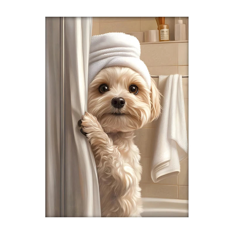 Cute Shower Dog Bathroom Decor Poster Dog in Bathtub Print Animal Murals Canvas Painting for Home Decor Dog Lover Gifts