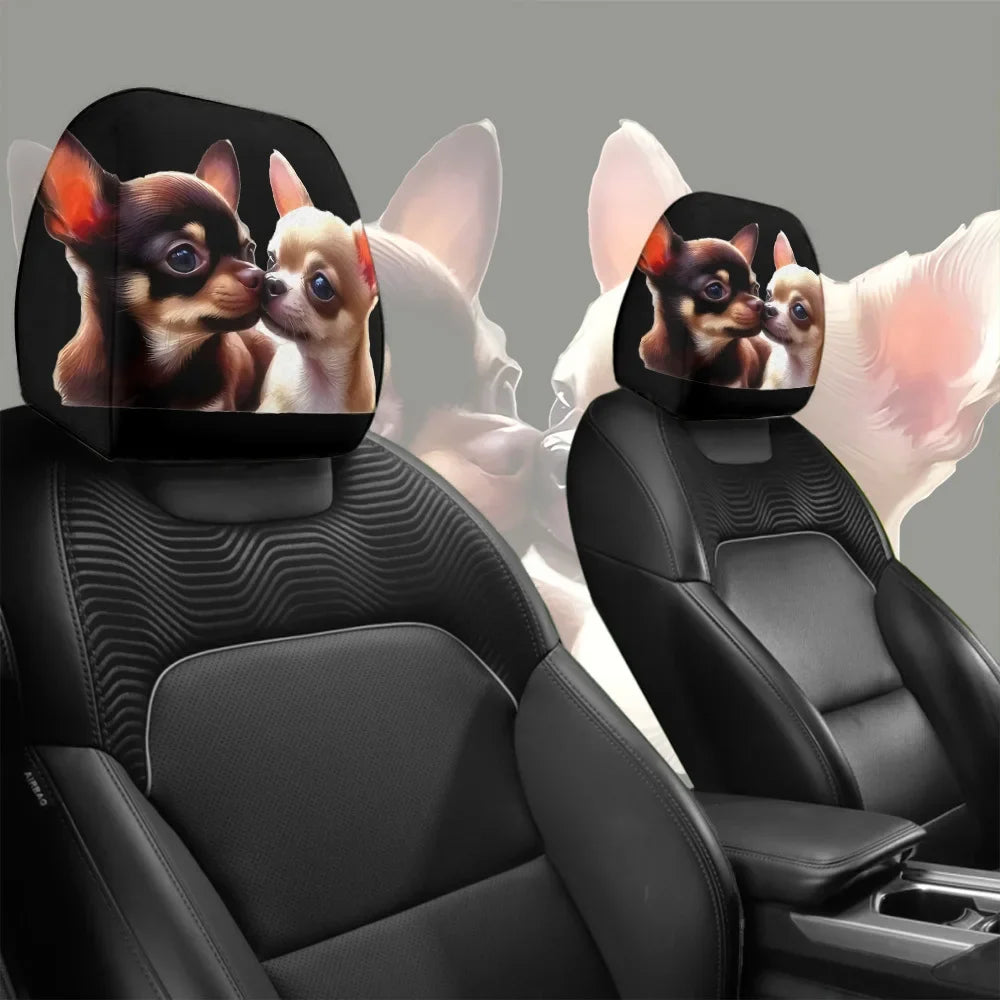 Universal Cute Chihuahua Printed Car Headrest Cover 2pcs Polyester Washable Easy Install All Season Dog Pattern Auto Interior