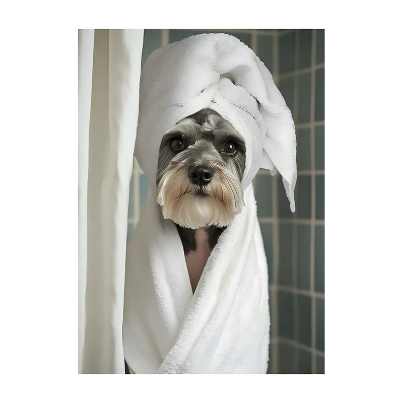 Cute Shower Dog Bathroom Decor Poster Dog in Bathtub Print Animal Murals Canvas Painting for Home Decor Dog Lover Gifts