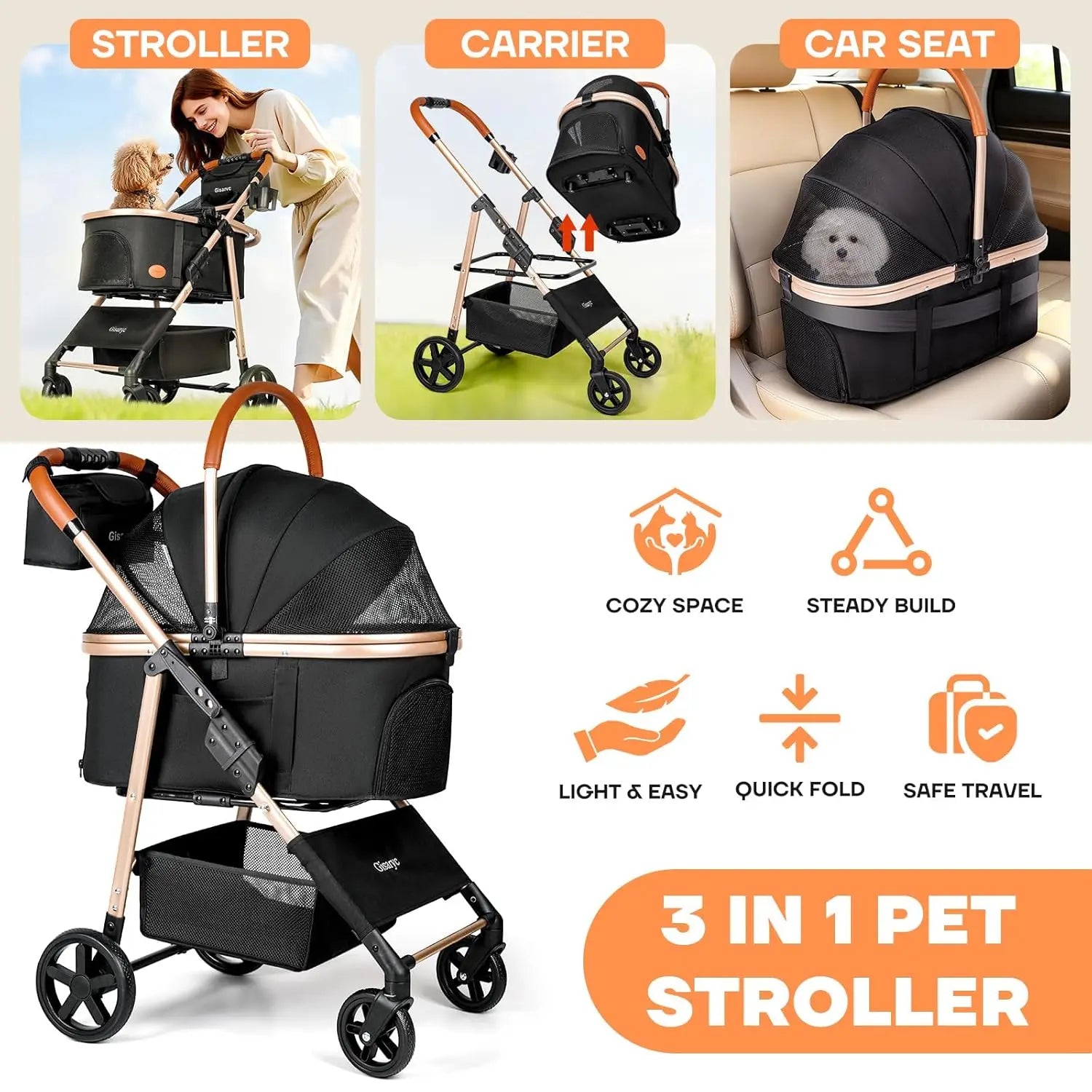 Foldable Pet Stroller for Small/Medium Dogs Cats up to 50 lbs, 3-in-1 with Carrier, Storage, All-Terrain Wheels Happy Tails Pet Shop Store