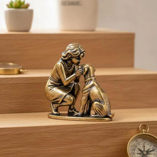 Brass Girl and Dog Statue Small Creative Retro Ornament Solid Brass Decor for Home Office Desk Shelf Display Happy Tails Pet Shop