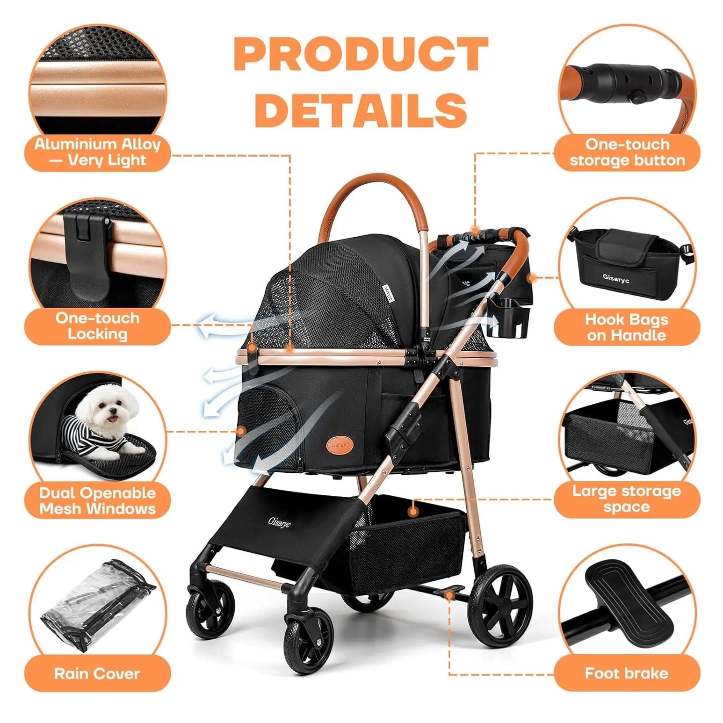 Foldable Pet Stroller for Small/Medium Dogs Cats up to 50 lbs, 3-in-1 with Carrier, Storage, All-Terrain Wheels Happy Tails Pet Shop Store