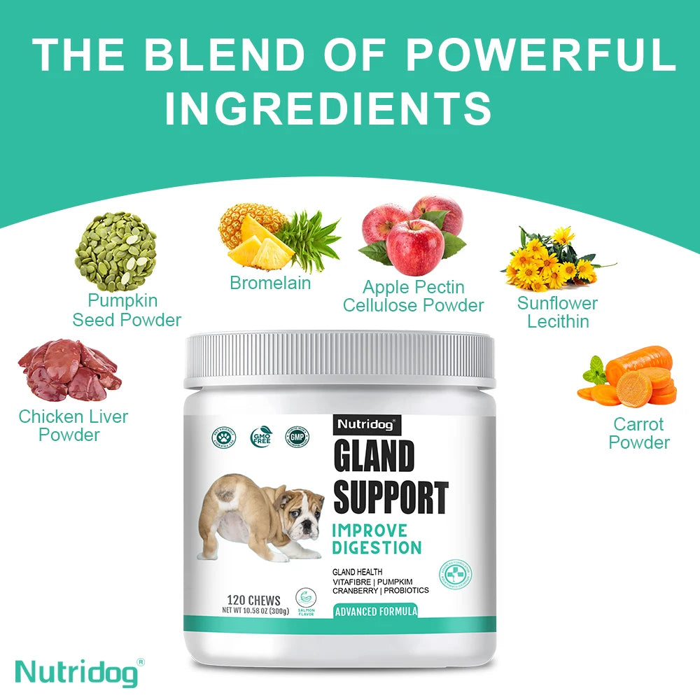 NUTRIDOG Dog Anal Gland Support  Pumpkin Seed Probiotics Digestive Enzymes Scoot Relief Digestive Health 120 PCS/Bottle Happy Tails Pet Shop Store