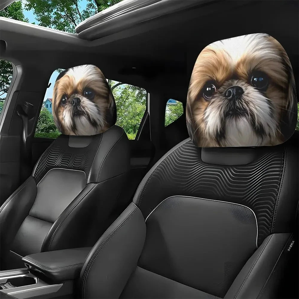 1-Piece Set Shih Tzu Dog Exquisite Print Car Headrest Covers Soft Polyester Machine Washable Easy Install