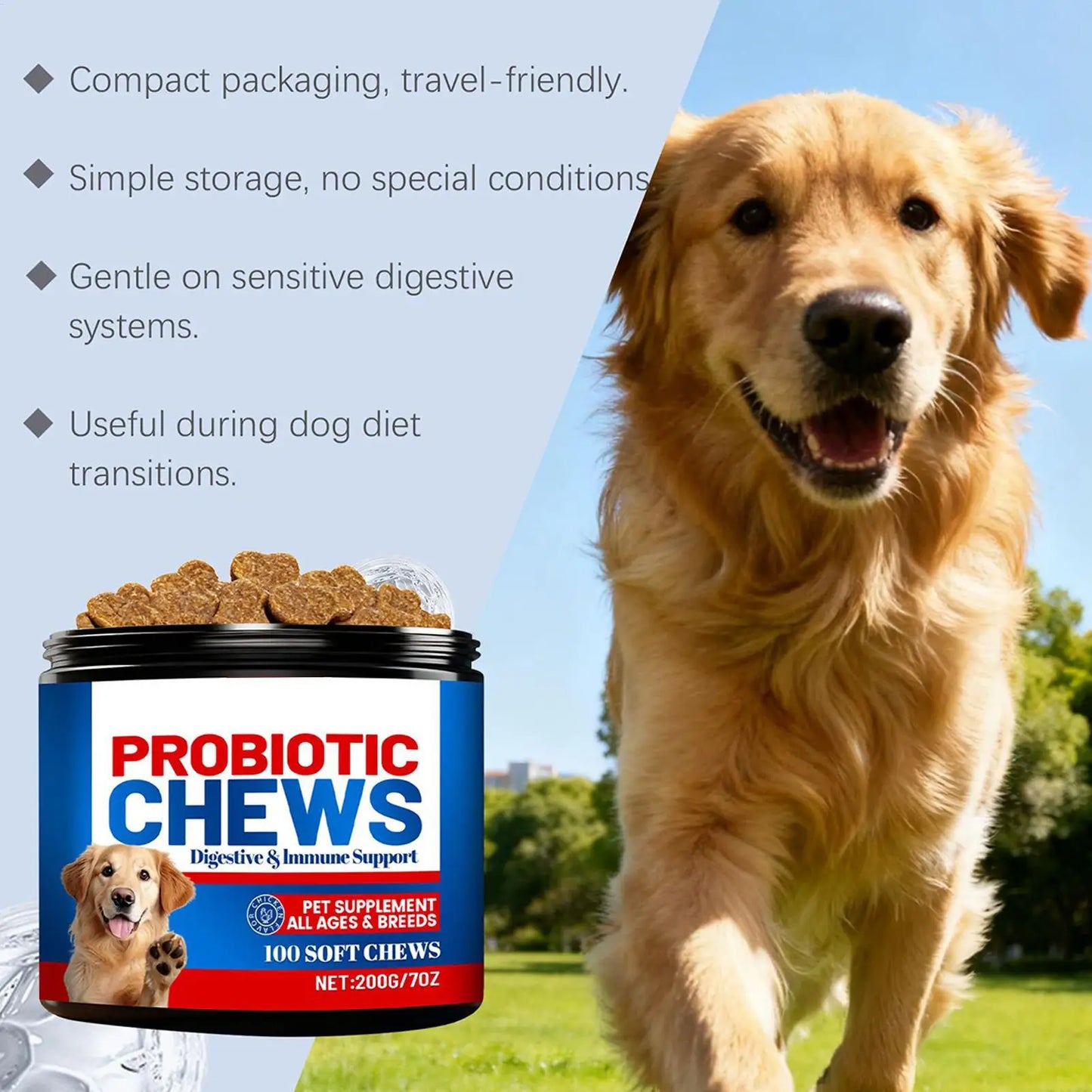 Complément alimentaire pour la santé intestinale des chiens 200 g, friandises saines, soins naturels pour la peau, santé digestive, comprimés à mâcher après les repas, changements de saison