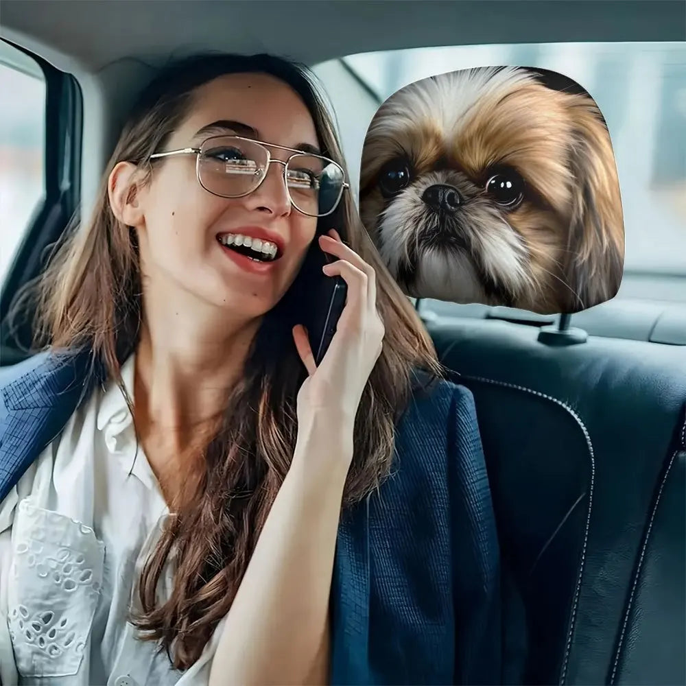 1-Piece Set Shih Tzu Dog Exquisite Print Car Headrest Covers Soft Polyester Machine Washable Easy Install