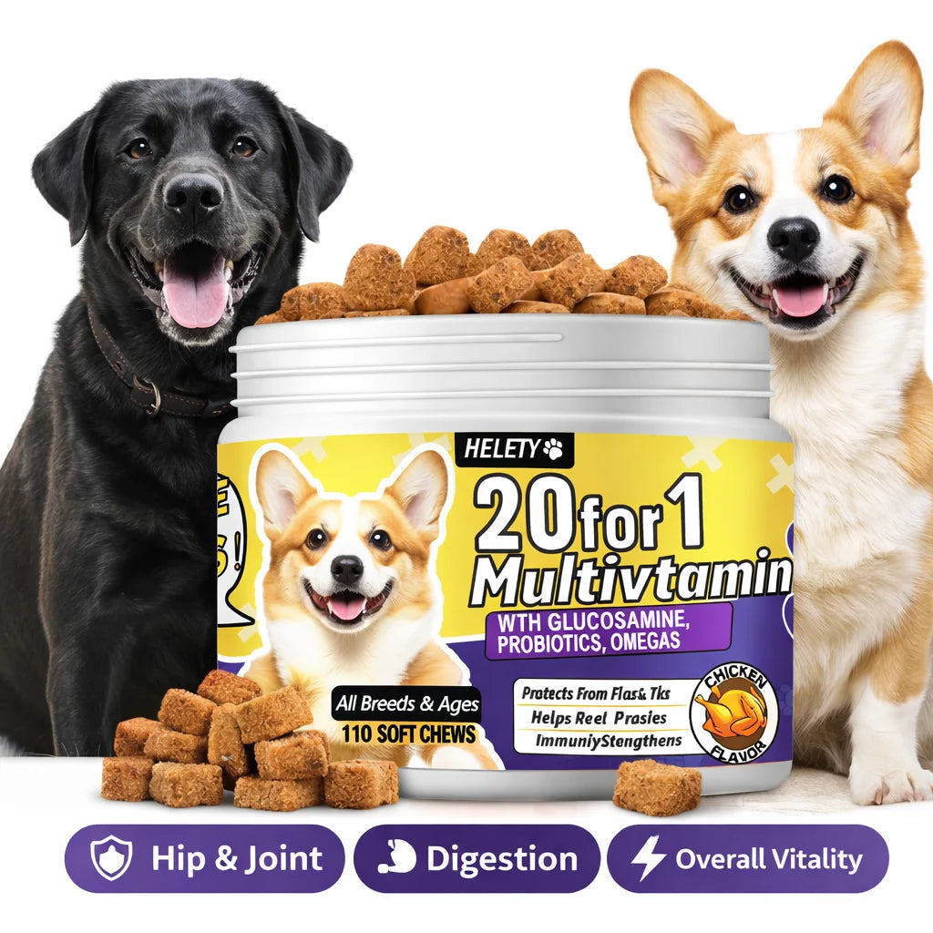 20-in-1 Dog Multivitamin Soft Chews Skin Coat Immune Gut Health Support Vitamins Minerals Omega-3 Iron Zinc Supplement for Dogs Happy Tails Pet Shop Store