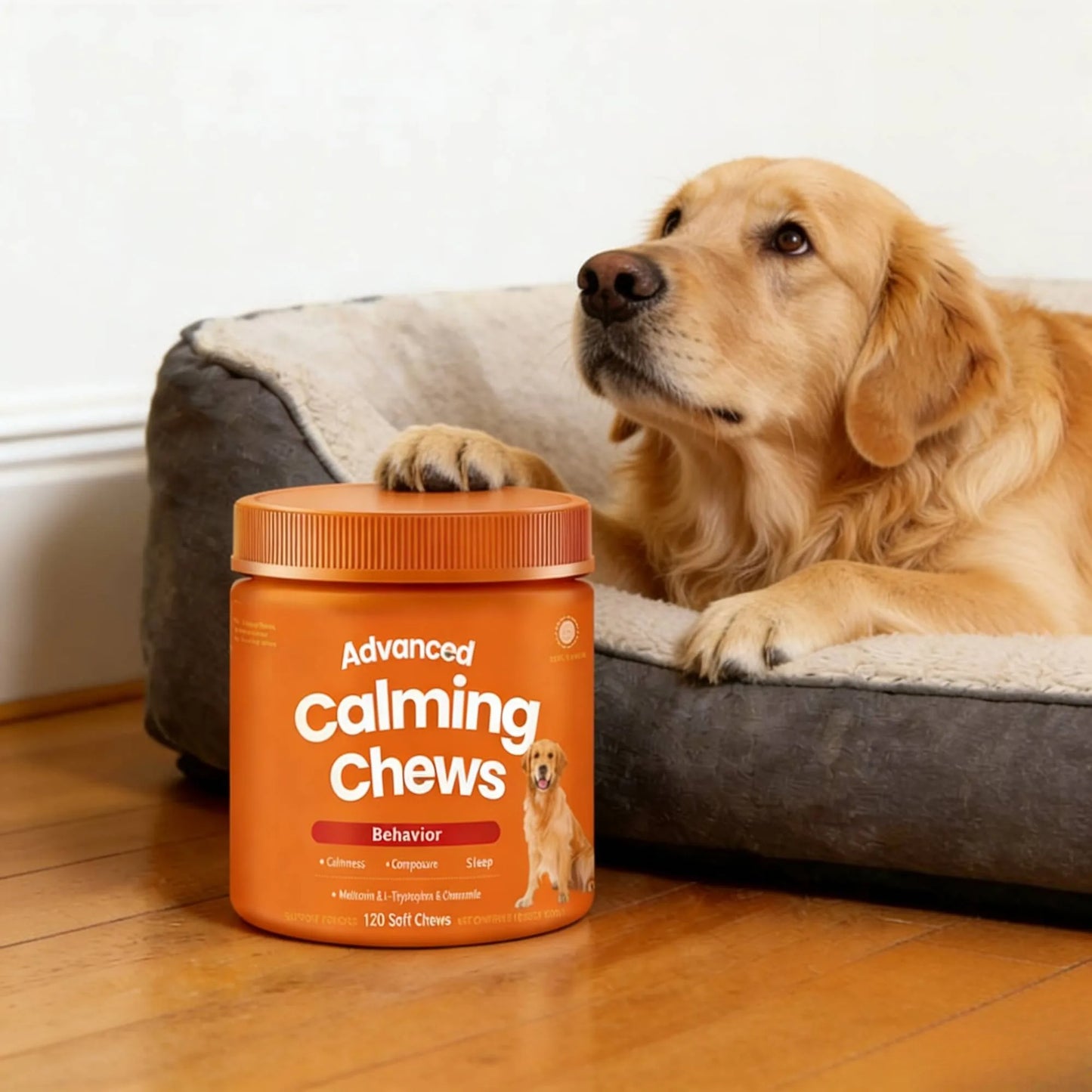 120 masticables calmantes para perros, golosinas naturales para aliviar la ansiedad con melatonina, L-triptófano y manzanilla, suplementos calmantes para perros