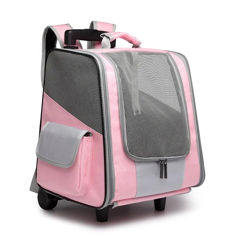 Mochila de Viagem para Cães com Rodas, Carrinho de Cachorro Impermeável, Mochila Transportadora de Animais de Estimação, Mochila de Viagem com Malha para Filhotes e Gatos