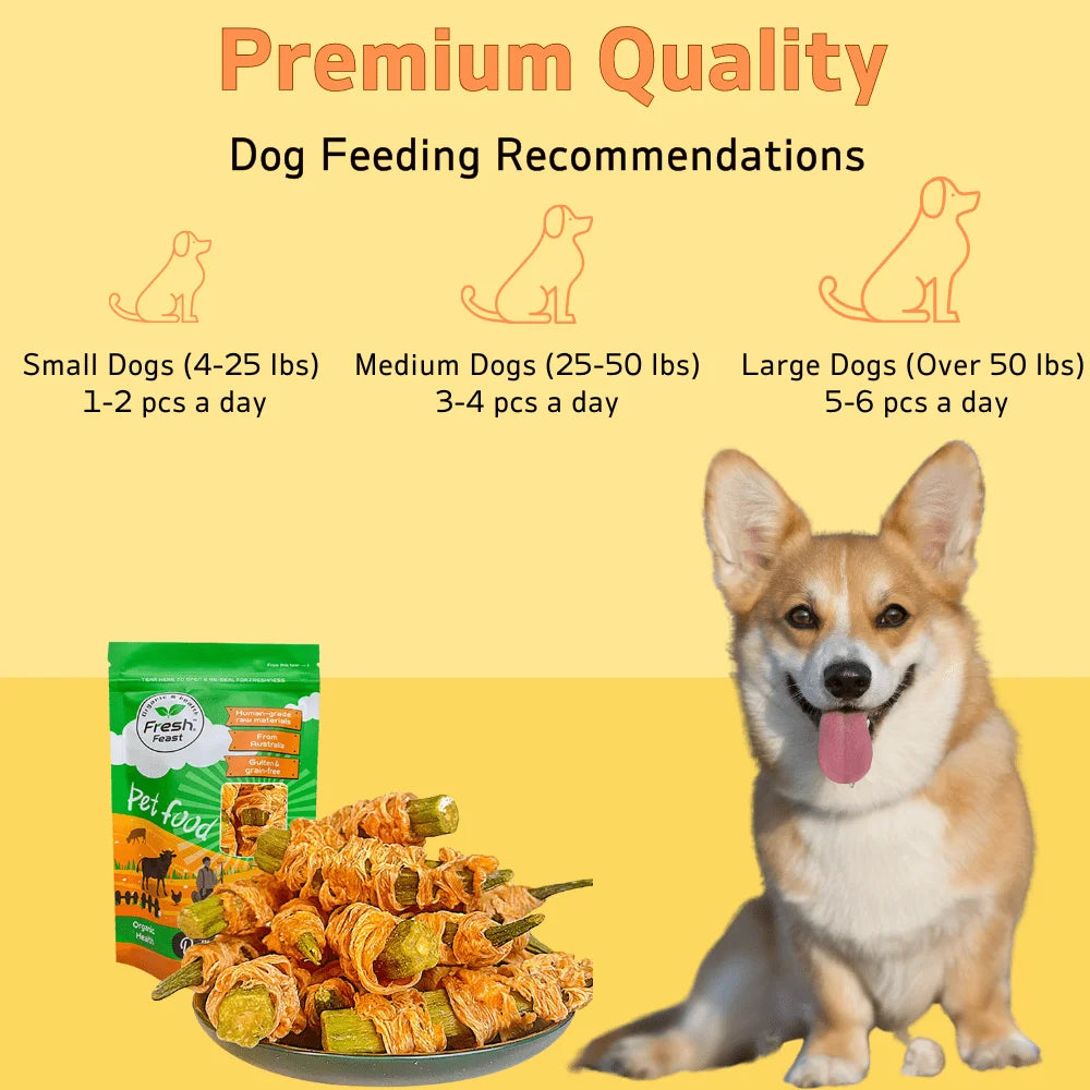 7.05oz/14.11oz (200g/400g) Okra Envuelto en Pato, Ingredientes Totalmente Naturales, Premios Naturales para Perros, Saludable, Fácil de Digerir