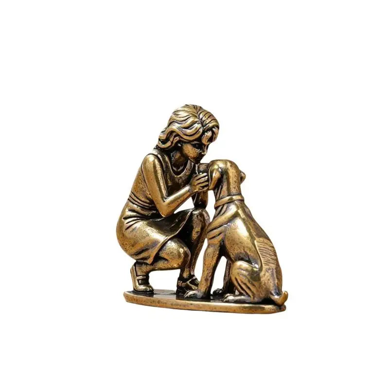 Brass Girl and Dog Statue Small Creative Retro Ornament Solid Brass Decor for Home Office Desk Shelf Display Happy Tails Pet Shop