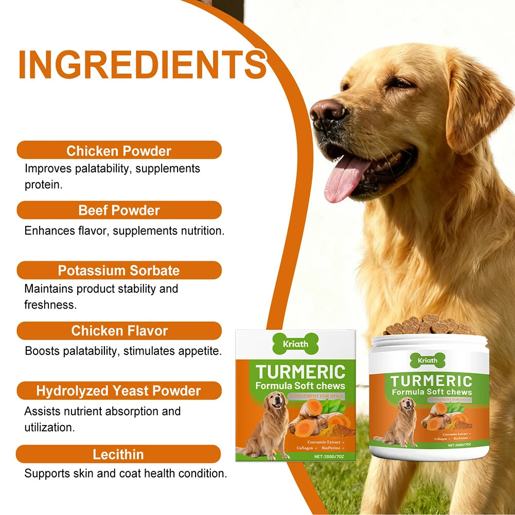 200 g de masticables suaves de cúrcuma orgánica para perros, alta absorción, antiinflamatorio natural, suplemento para articulaciones de cadera para perros, productos de cuidado
