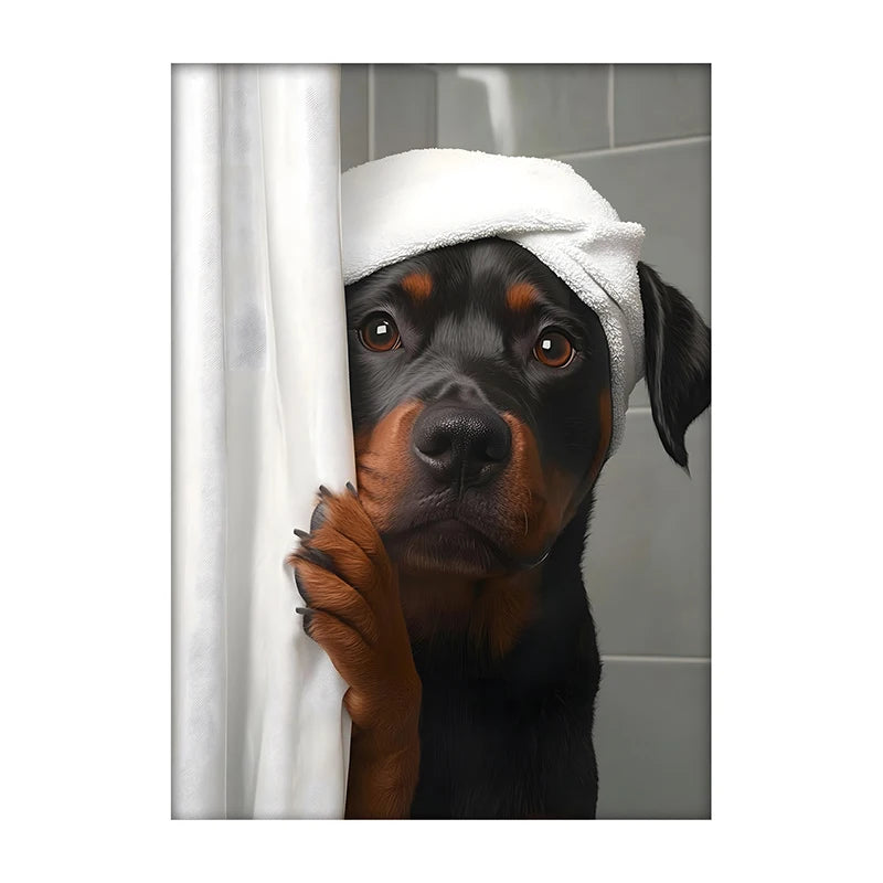 Cute Shower Dog Bathroom Decor Poster Dog in Bathtub Print Animal Murals Canvas Painting for Home Decor Dog Lover Gifts