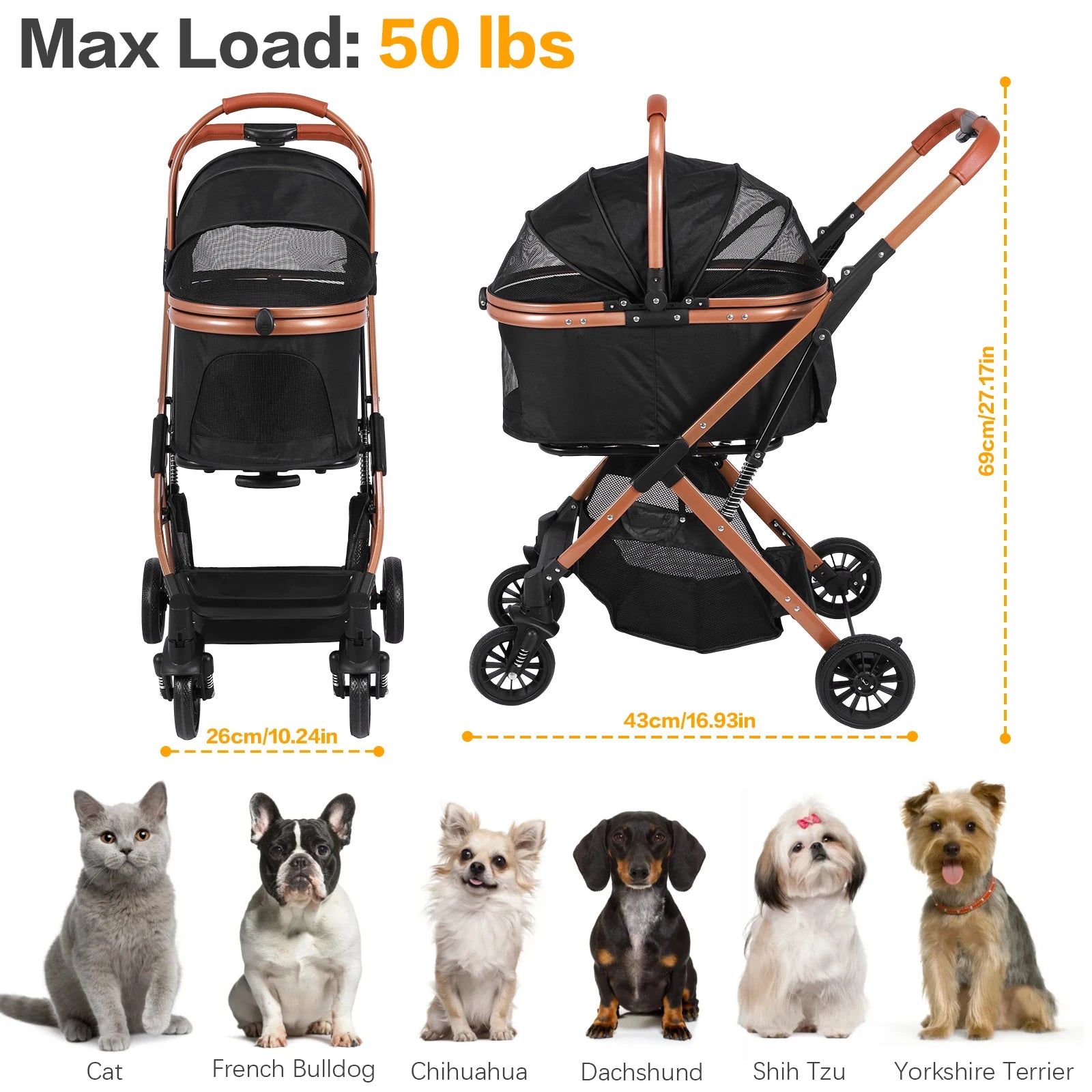 Folding Stroller with Detachable Carrier Foldable Travel Jogger Foldable & Ventilated with Sun Shades for Small Medium Dogs Cats Happy Tails Pet Shop Store