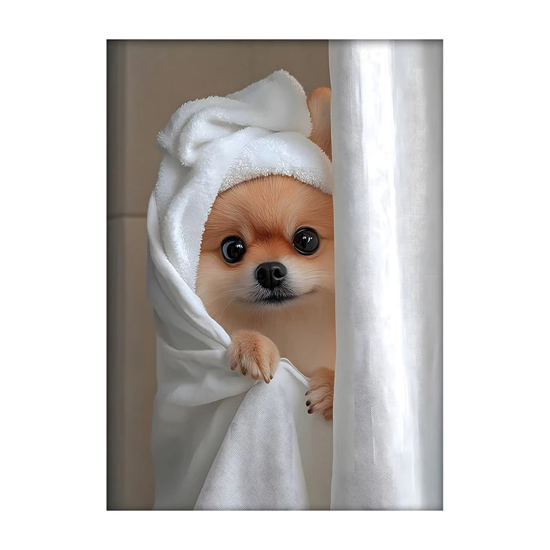 Cute Shower Dog Bathroom Decor Poster Dog in Bathtub Print Animal Murals Canvas Painting for Home Decor Dog Lover Gifts