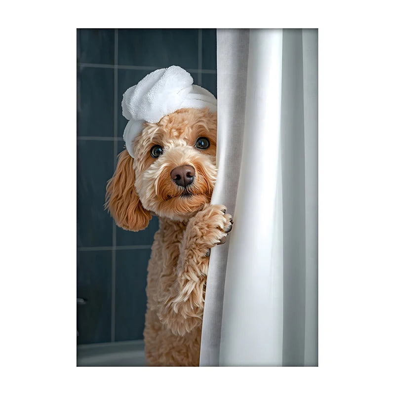 Cute Shower Dog Bathroom Decor Poster Dog in Bathtub Print Animal Murals Canvas Painting for Home Decor Dog Lover Gifts