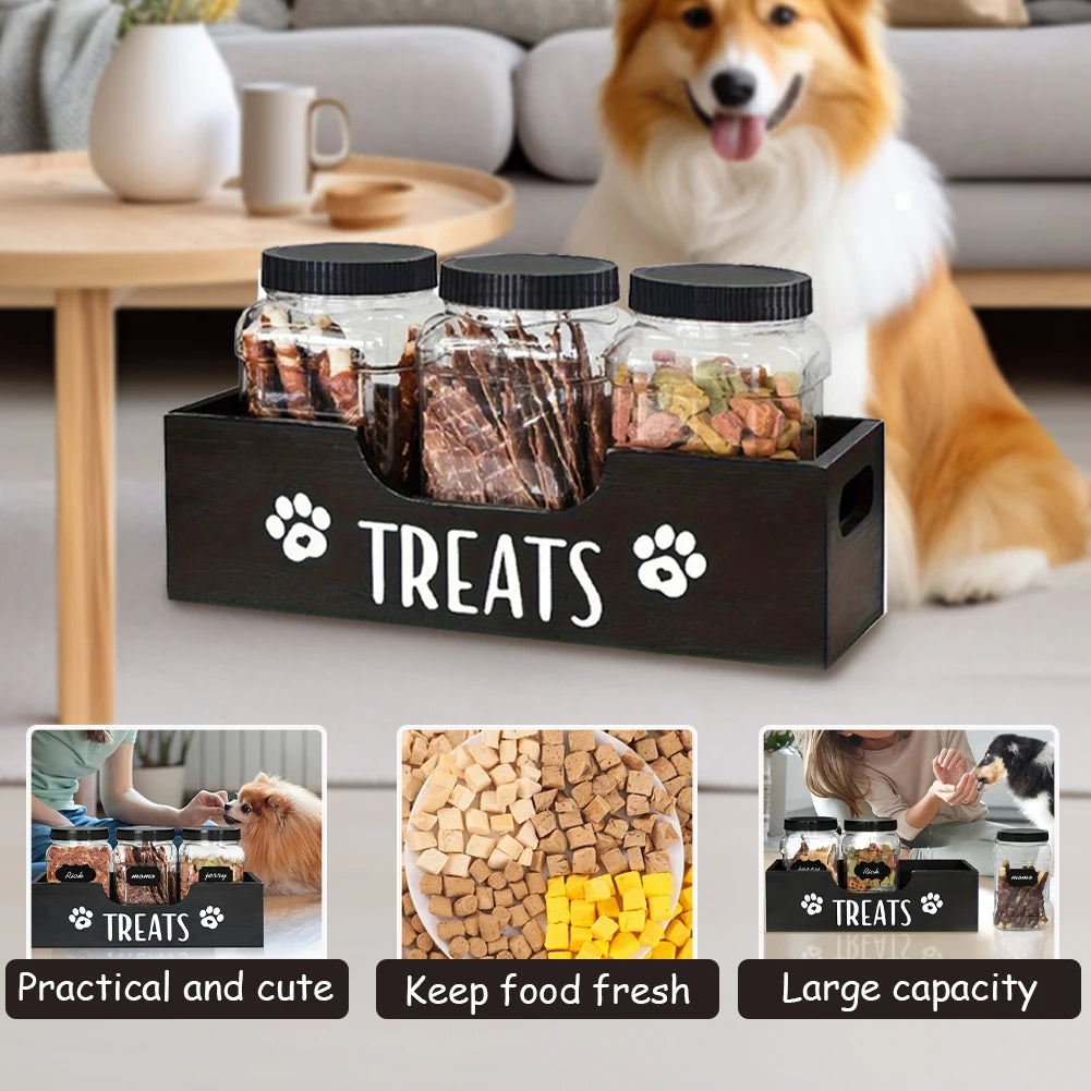 Wooden Pet Snack Storage Box with Plastic Treat Jar Food Storage Holder (Black) Happy Tails Pet Shop Store