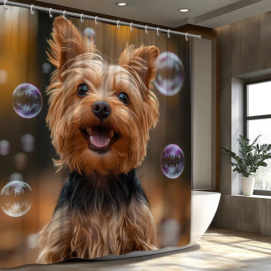 Yorkshire Terrier Puppy Shower Curtain, Cute Dog with Bubbles, Realistic Pet Print, Funny Animal Bathroom Decor, Waterproof