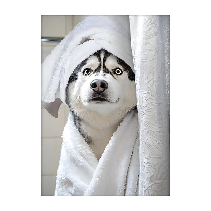Cute Shower Dog Bathroom Decor Poster Dog in Bathtub Print Animal Murals Canvas Painting for Home Decor Dog Lover Gifts