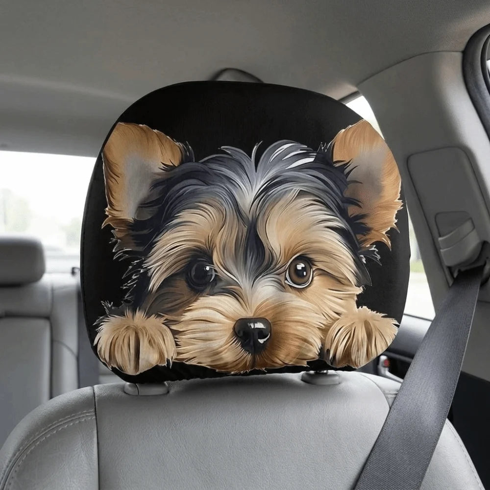 2PCS Cartoon Dog Pattern Car Head Pillowcase Soft Washable Car Headrest Covers Polyester Elastic Seat Headrest Protector