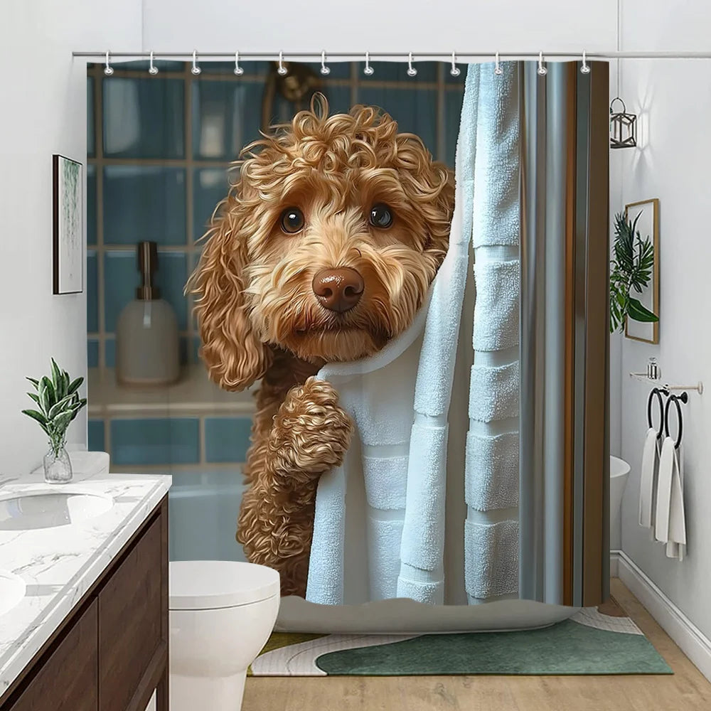 Adorable Poodle Puppy Art Shower Curtain - Creative Realistic Dog Design - Indoor Home Bathroom Decor Art Bath Curtain