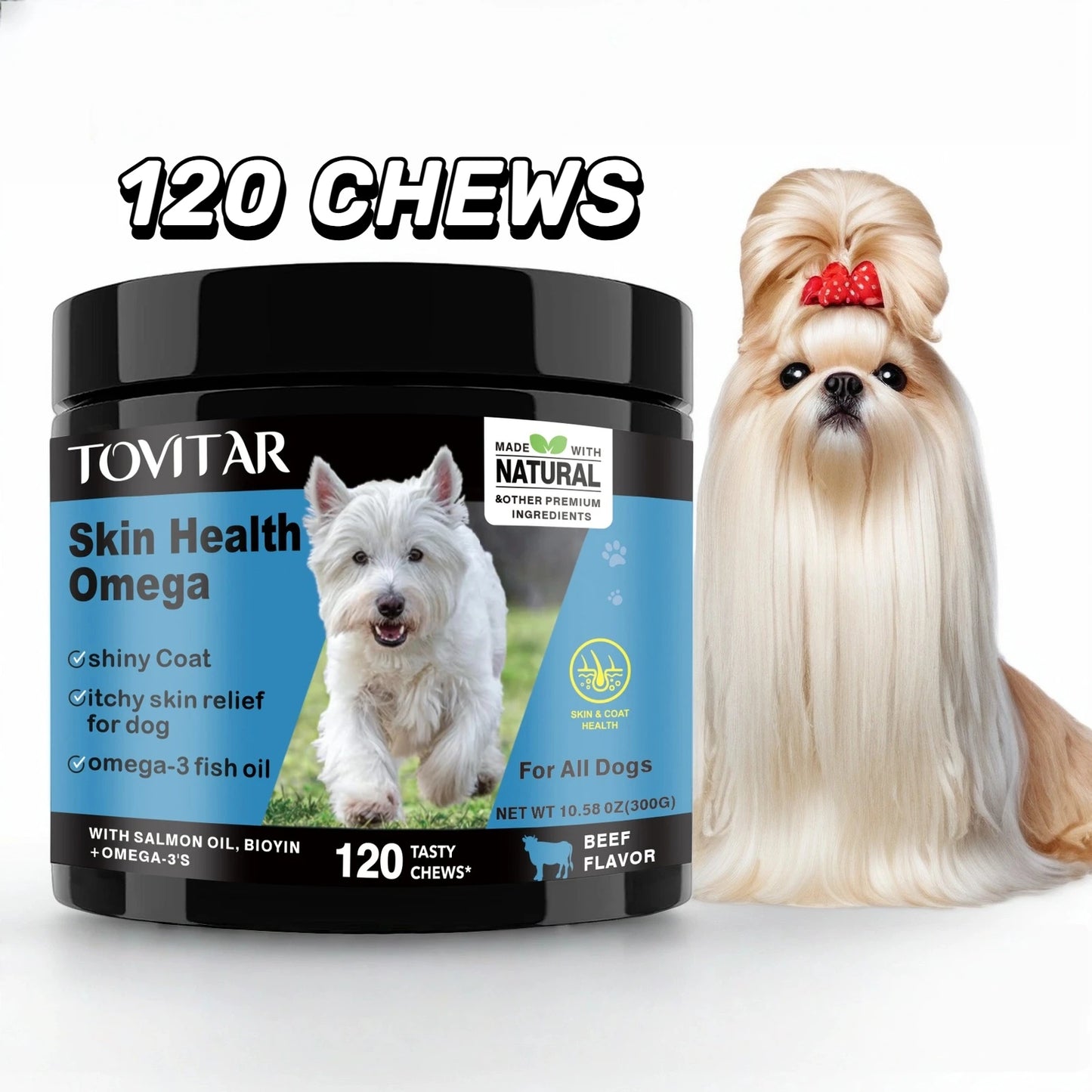Comprimidos mastigáveis de ômega para saúde da pele do cão - Um suplemento de ômega para cães rico em Ômega 3/6/9, óleo de peixe e DHA - 120 mastigáveis com sabor de carne