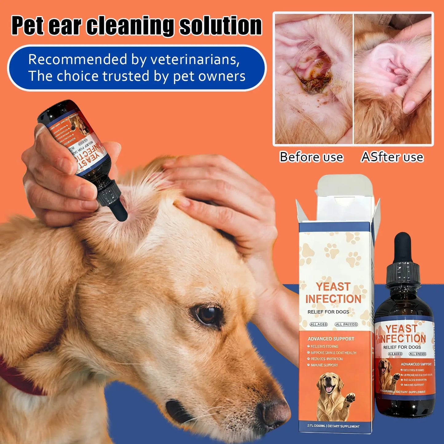Juego de gotas limpiadoras de oído para mascotas, gotas líquidas vitamínicas, solución de limpieza diaria de oídos con suplemento multivitamínico para la salud de los perros