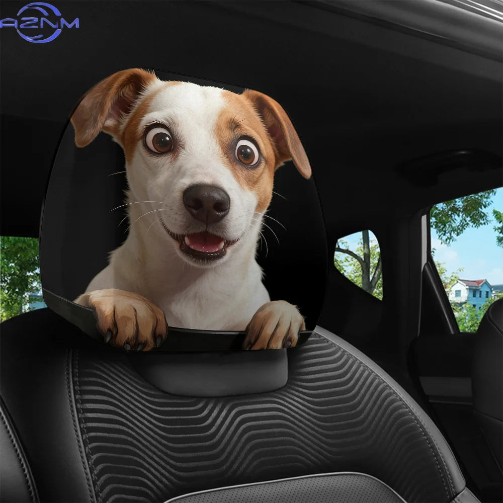 2pcs Funny Cute Dog Pattern Car Headrest Covers, Car Interior Decoration, Easy to Install and Washable, Suitable for Long-Dist