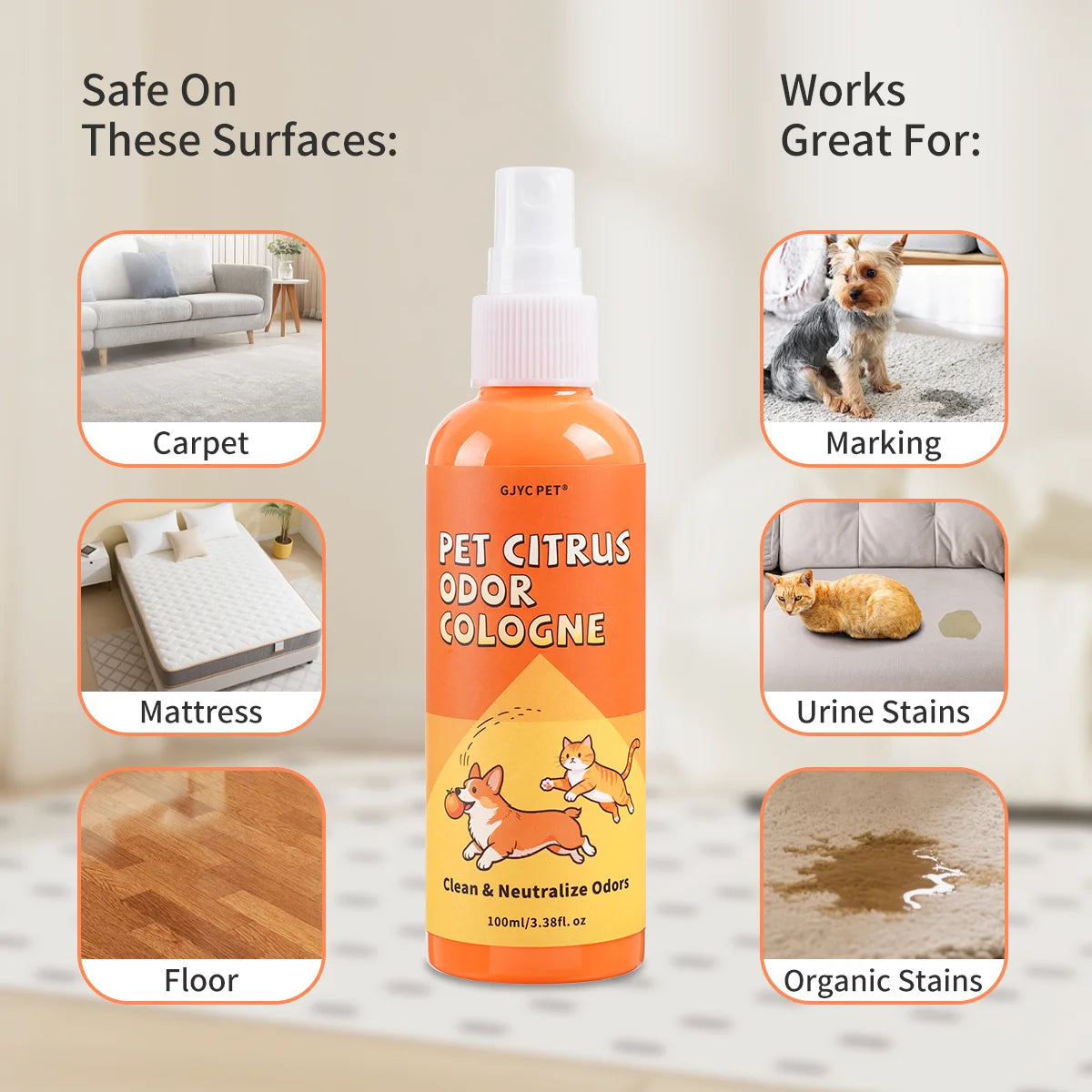 GJYC PET Citrus Scent Pet Urine Stain Home Deodorizing Cleaner Spray Odor Eliminator Deep Deodorize For Dogs Cats Happy Tails Pet Shop Store