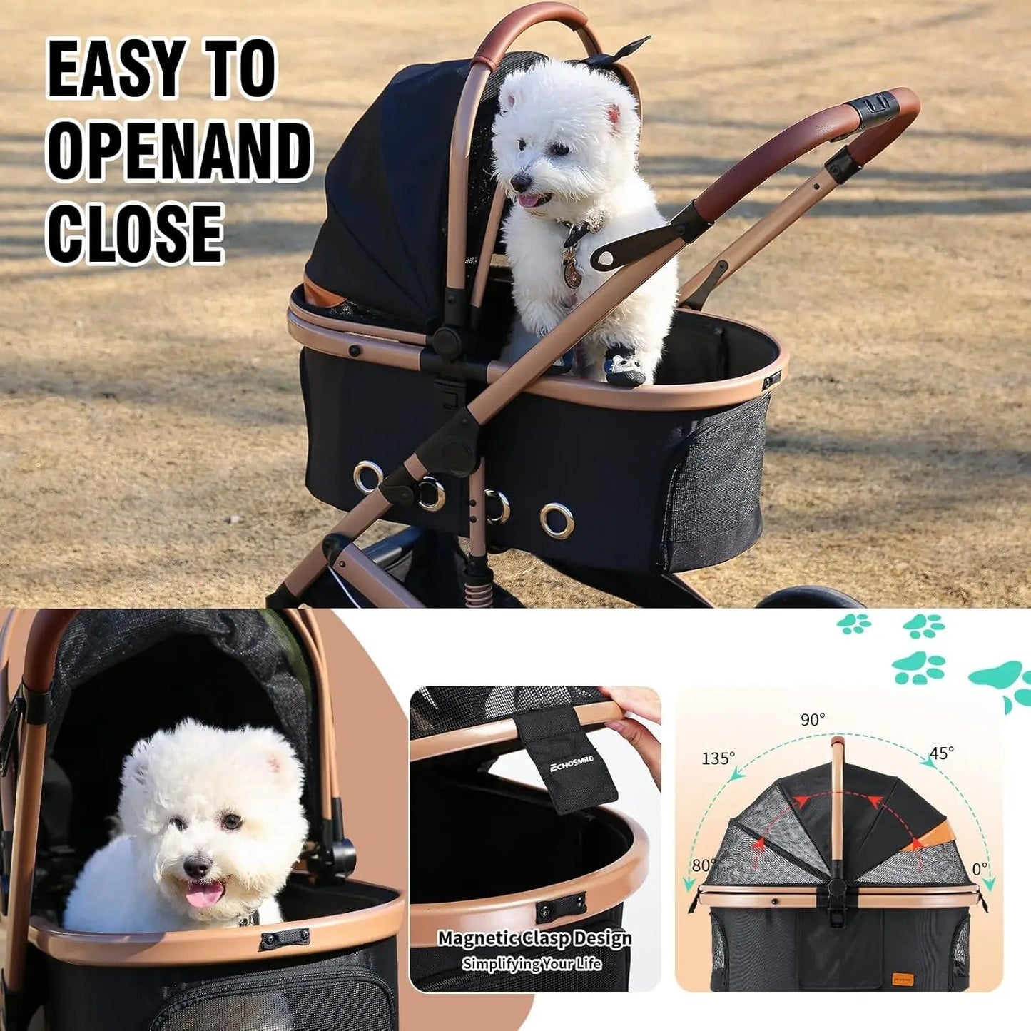 4-in-1 Folding Pet Stroller with Detachable Carrier, Reversible Canopy, All-Terrain Wheels for Small to Medium Dogs up to 45 lbs Happy Tails Pet Shop Store