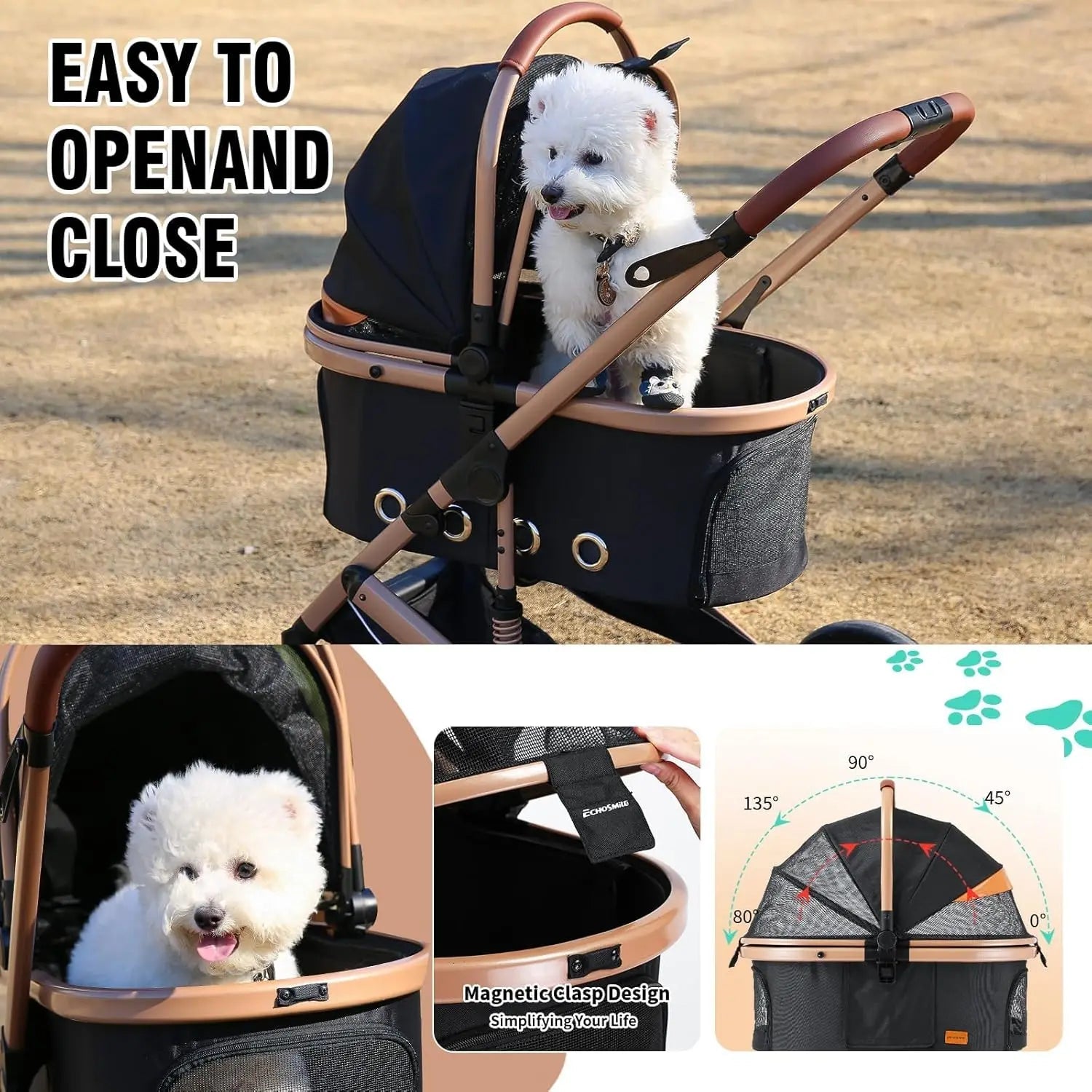 4-in-1 Folding Pet Stroller with Detachable Carrier, Reversible Canopy, All-Terrain Wheels for Small to Medium Dogs up to 45 lbs Happy Tails Pet Shop Store