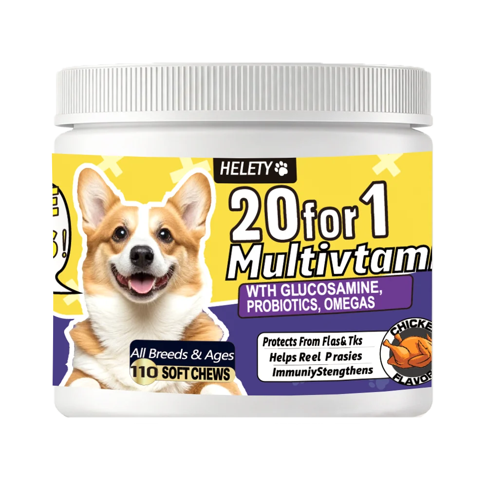 20-in-1 Dog Multivitamin Soft Chews Skin Coat Immune Gut Health Support Vitamins Minerals Omega-3 Iron Zinc Supplement for Dogs Happy Tails Pet Shop Store