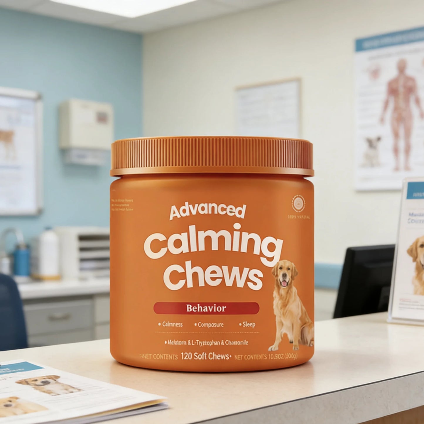 120 masticables calmantes para perros, golosinas naturales para aliviar la ansiedad con melatonina, L-triptófano y manzanilla, suplementos calmantes para perros