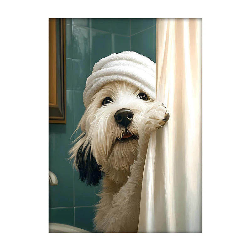 Cute Shower Dog Bathroom Decor Poster Dog in Bathtub Print Animal Murals Canvas Painting for Home Decor Dog Lover Gifts