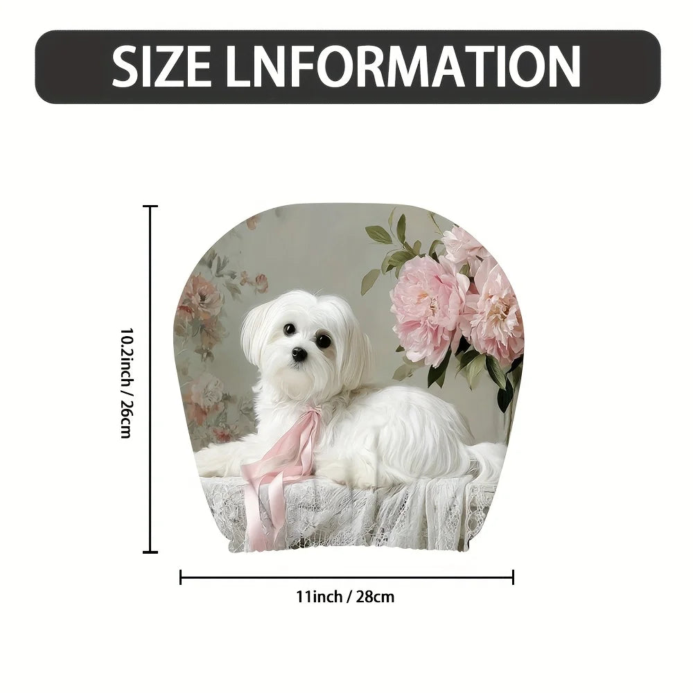 2pcs 2D Flat Printing Car Headrest Covers Classic Stylish Simple Maltese Dog Pink Bow Flowers for Adjustable and Reusable