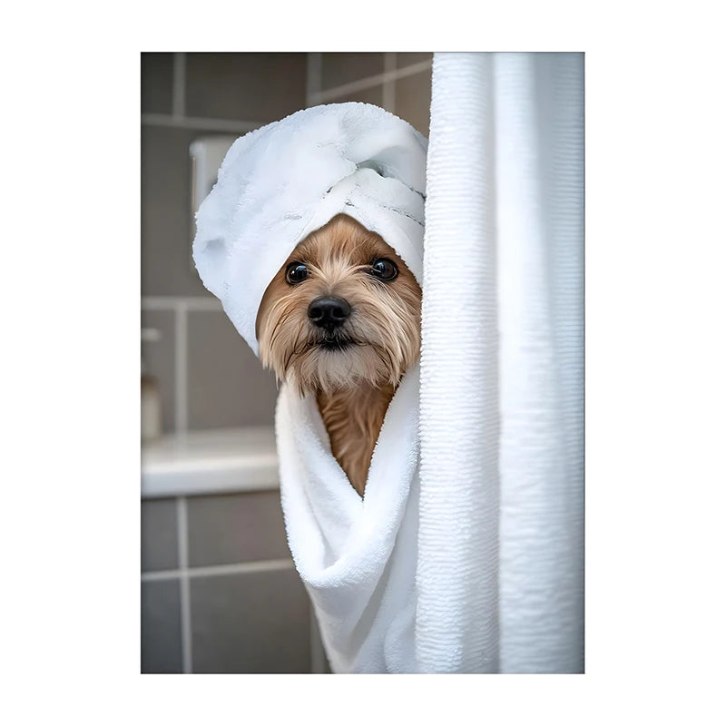 Cute Shower Dog Bathroom Decor Poster Dog in Bathtub Print Animal Murals Canvas Painting for Home Decor Dog Lover Gifts