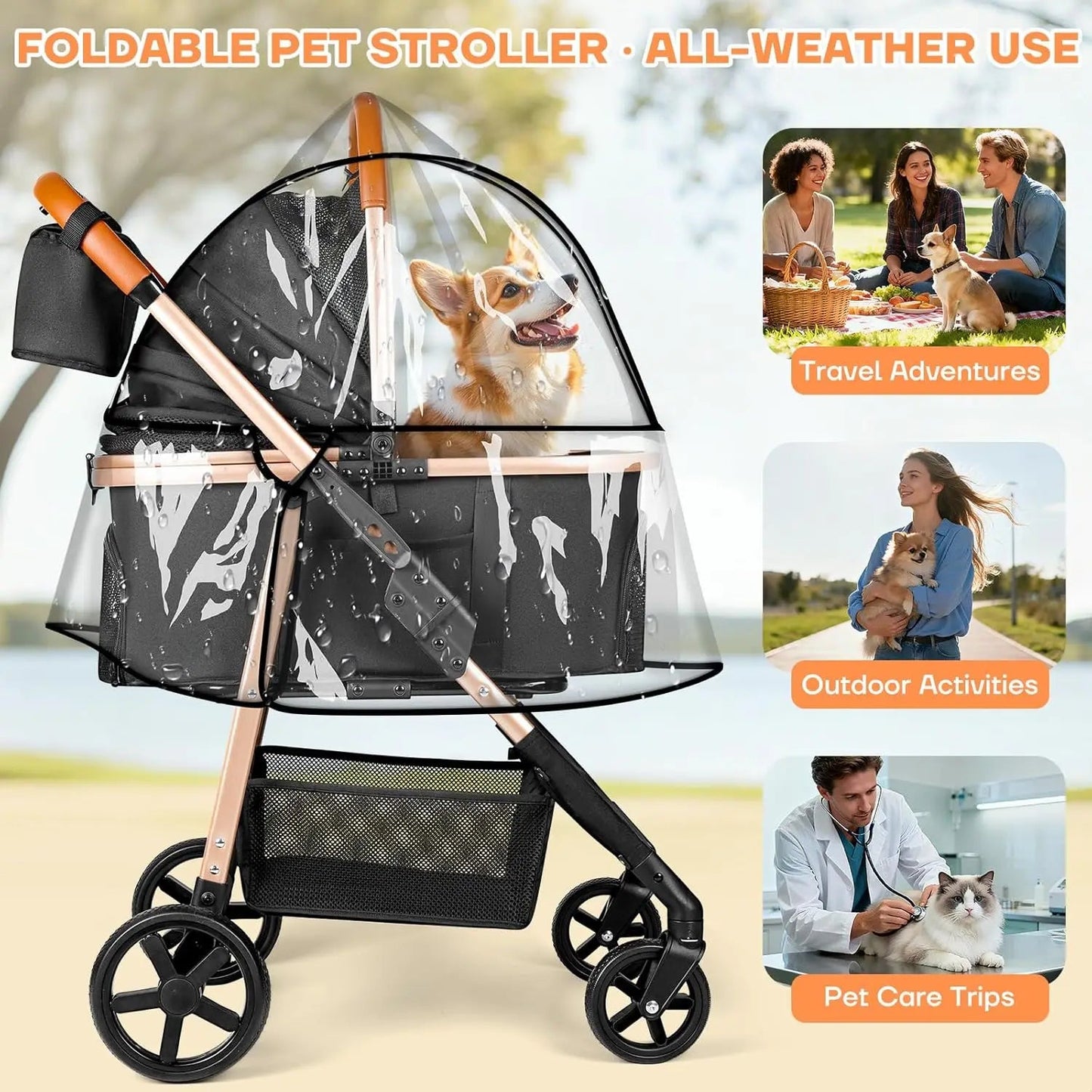 Foldable Pet Stroller for Small/Medium Dogs Cats up to 50 lbs, 3-in-1 with Carrier, Storage, All-Terrain Wheels Happy Tails Pet Shop Store