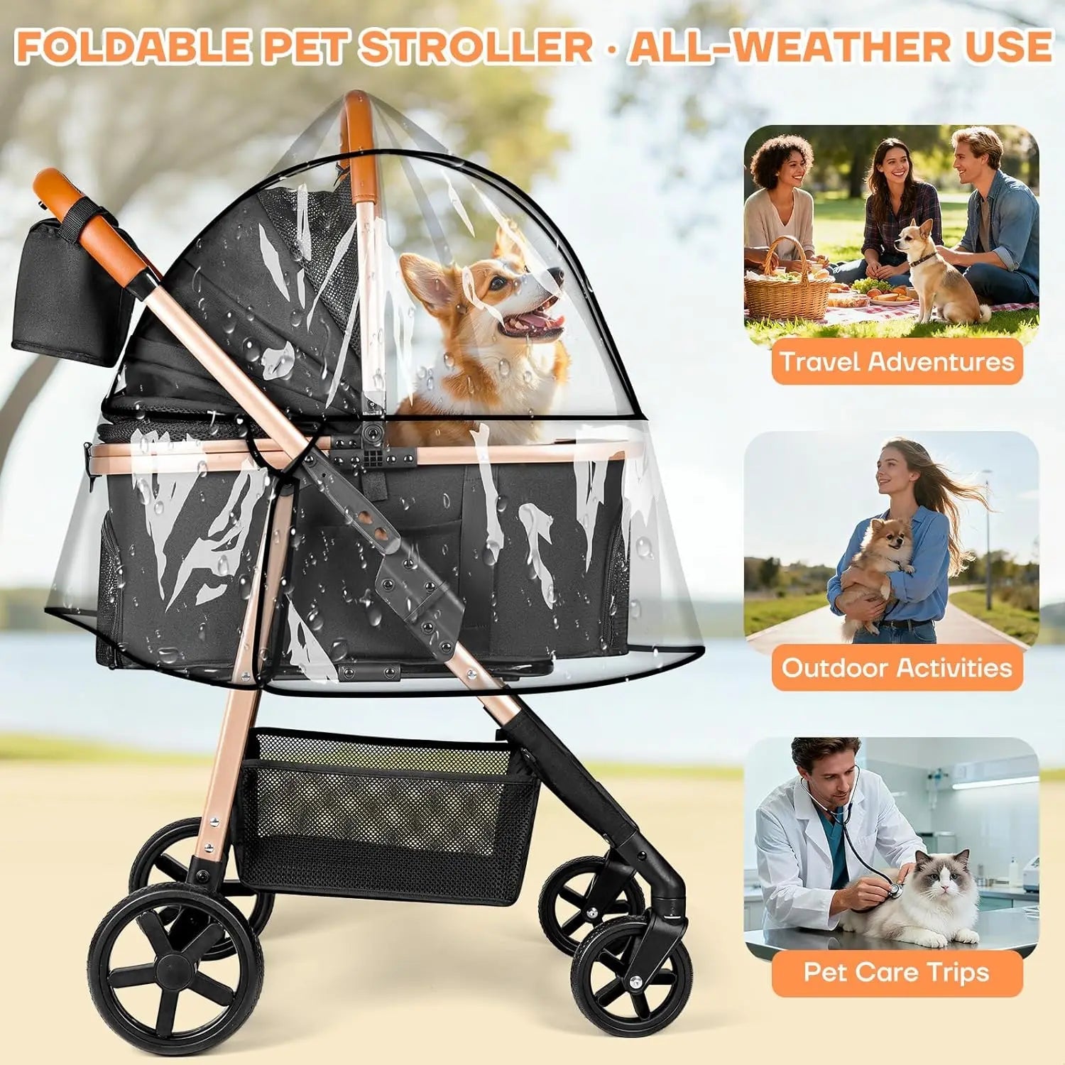 Foldable Pet Stroller for Small/Medium Dogs Cats up to 50 lbs, 3-in-1 with Carrier, Storage, All-Terrain Wheels Happy Tails Pet Shop Store