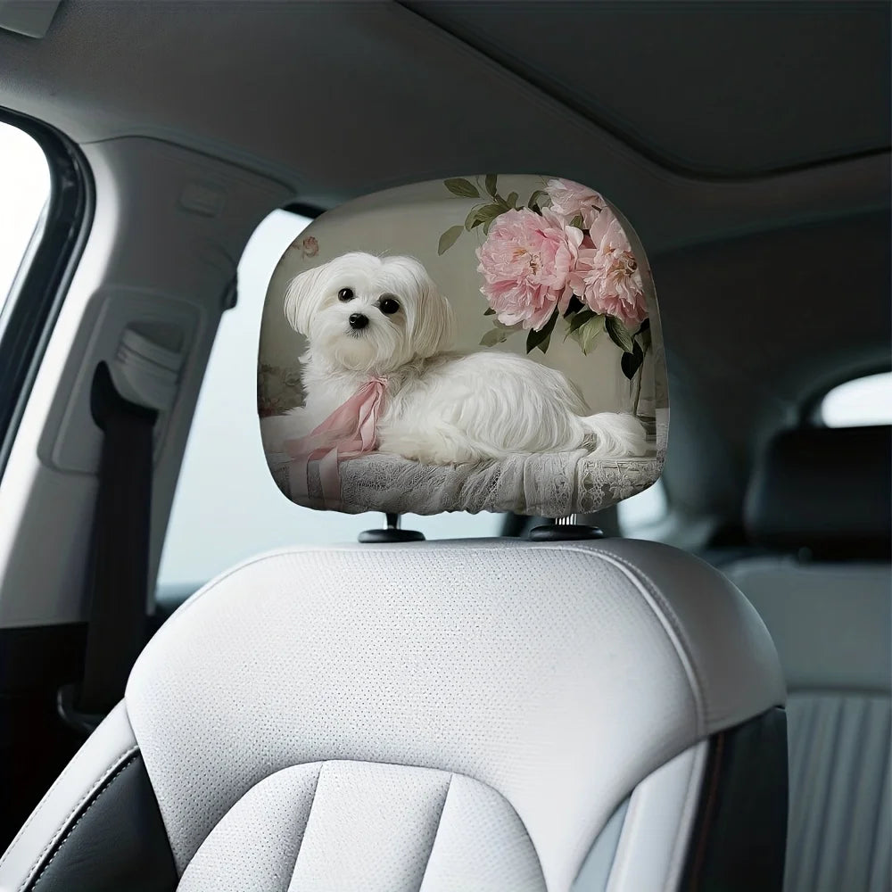 2pcs 2D Flat Printing Car Headrest Covers Classic Stylish Simple Maltese Dog Pink Bow Flowers for Adjustable and Reusable